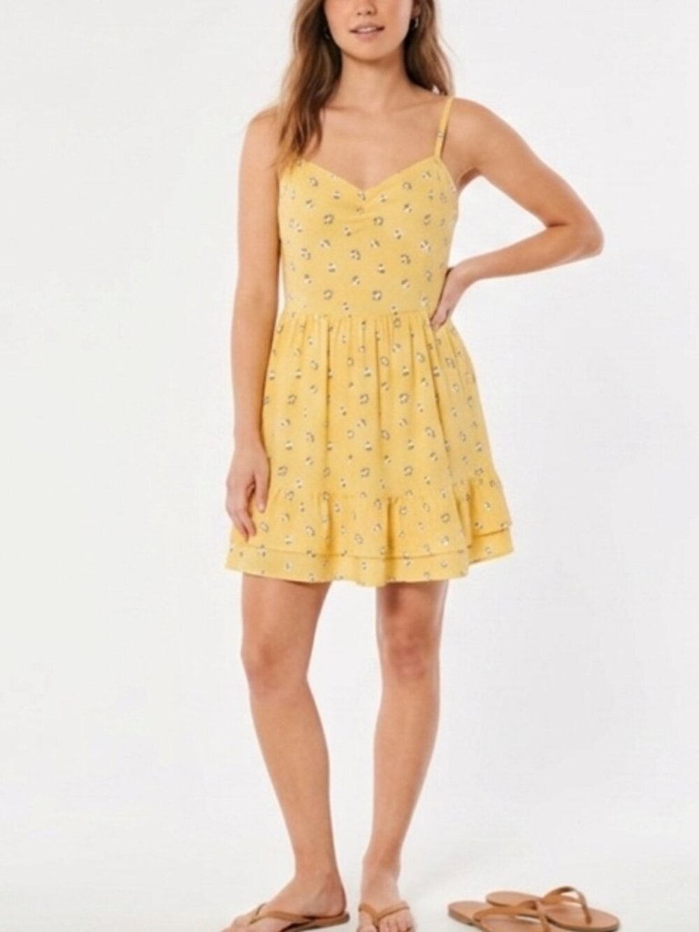 Hollister Yellow Floral Ruffle Mini Sundress Tie Back Size Medium